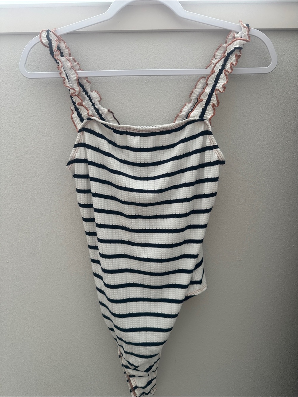 Hem & Thread White and Black Striped Ruffle-Trim Ribbed Bodysuit